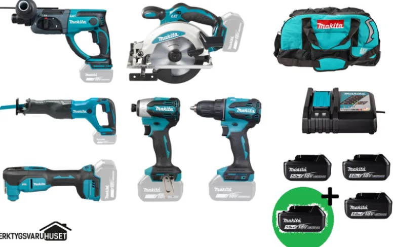 Makita DLX6141T Combokit 6 st maskiner i väska +1st extra 5,0Ah-batteri-på-köpet! Värde 995:-